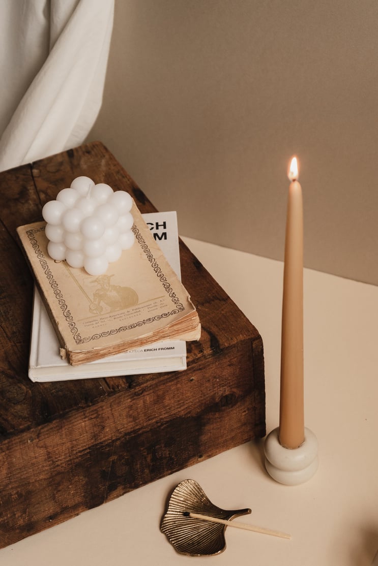 Lighted Candle with Wooden Box